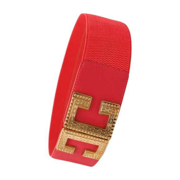 New Women Coral Pink Red Elastic Wide Fashion Belt Gold Metal C Buckle Size S M - Picture 6 of 17